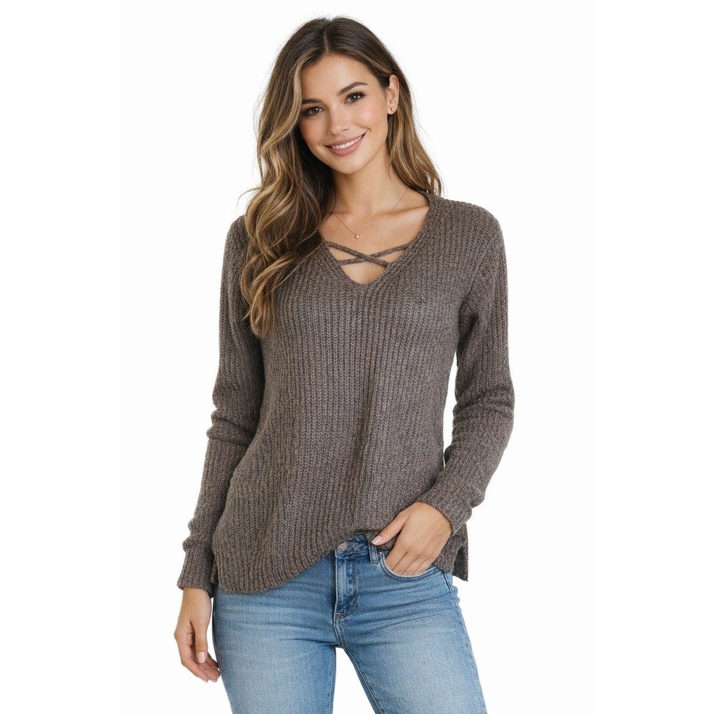 Pink Clover Soft Women's Brown‎ Knit Sweater Small Criss Cross V Neck Ribbed